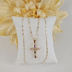 Colored Zirconia Cross Gold Plated Necklace